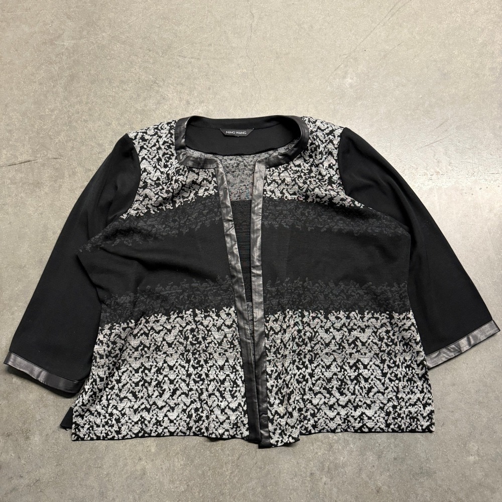 Ming Wang Black Grey Knit Open Front Jacket Faux Leather Trim Size XL
